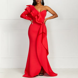 Party Queen Mermaid Dress For Women Dinner Gowns Sexy One Shoulder Red Ruffles Plus Size M-3XL Female Evening Long Dresses Maxi