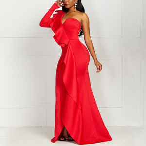 Party Queen Mermaid Dress For Women Dinner Gowns Sexy One Shoulder Red Ruffles Plus Size M-3XL Female Evening Long Dresses Maxi