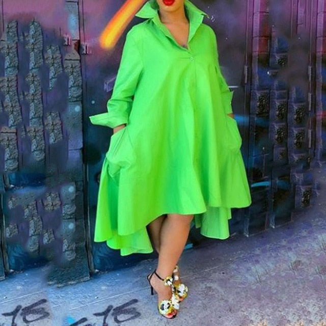 Green Women Long Evening Dress 2020 Fall Loose Female Party Dresse Robe Casual  Ruffles Daily African Vestiods Shirts Plus Size