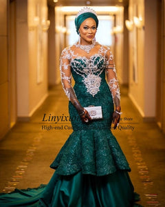 Aso Ebi Mermaid Plus Size Prom Dresses Green Sheer Neck Long Sleeve African Evening Gowns Luxury Beaded Lace Black Girls Party