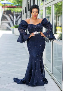 Plus Size 5XL Mesh Party Dress Women African Clothes Off Shoulder Even-ing Dresses Elegant Sequin Flare Sleeve Maxi Long Vestido