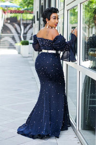 Plus Size 5XL Mesh Party Dress Women African Clothes Off Shoulder Even-ing Dresses Elegant Sequin Flare Sleeve Maxi Long Vestido