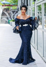 Load image into Gallery viewer, Plus Size 5XL Mesh Party Dress Women African Clothes Off Shoulder Even-ing Dresses Elegant Sequin Flare Sleeve Maxi Long Vestido