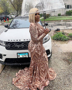 Plus Size Long Prom Dresses 2020 High Neck Long Sleeve Rose Gold Sequin African Black Sexy Gowns