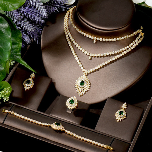 HIBRIDE Green Cubic Zirconia Big 3 Layers Necklace Pendientes Sets Dubai Wedding Bridal Jewelry Sets Fashion Gold Color N-1546