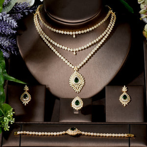 HIBRIDE Green Cubic Zirconia Big 3 Layers Necklace Pendientes Sets Dubai Wedding Bridal Jewelry Sets Fashion Gold Color N-1546