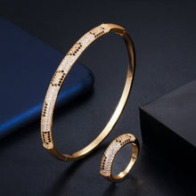 Load image into Gallery viewer, Bilincolor fashion gold dubai cubic zirconia cuff bangle and ring jewelry set for women