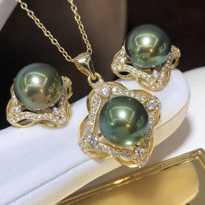 REAL D529 PEARL SET FINE JEWELRY 925 STERLING SILVER ROUND 9-10MM NATURE FRESH WATER PEACOCK GREEN PEARLS JEWELRY SETS FOR WOMEN