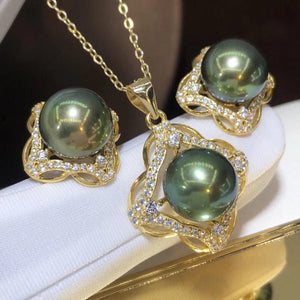 REAL D529 PEARL SET FINE JEWELRY 925 STERLING SILVER ROUND 9-10MM NATURE FRESH WATER PEACOCK GREEN PEARLS JEWELRY SETS FOR WOMEN