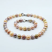 Load image into Gallery viewer, Rainbow pearl set, necklace bracelet, natural baroque pearl, heart buckle, diameter 11-12mm, natural freshwater pearl