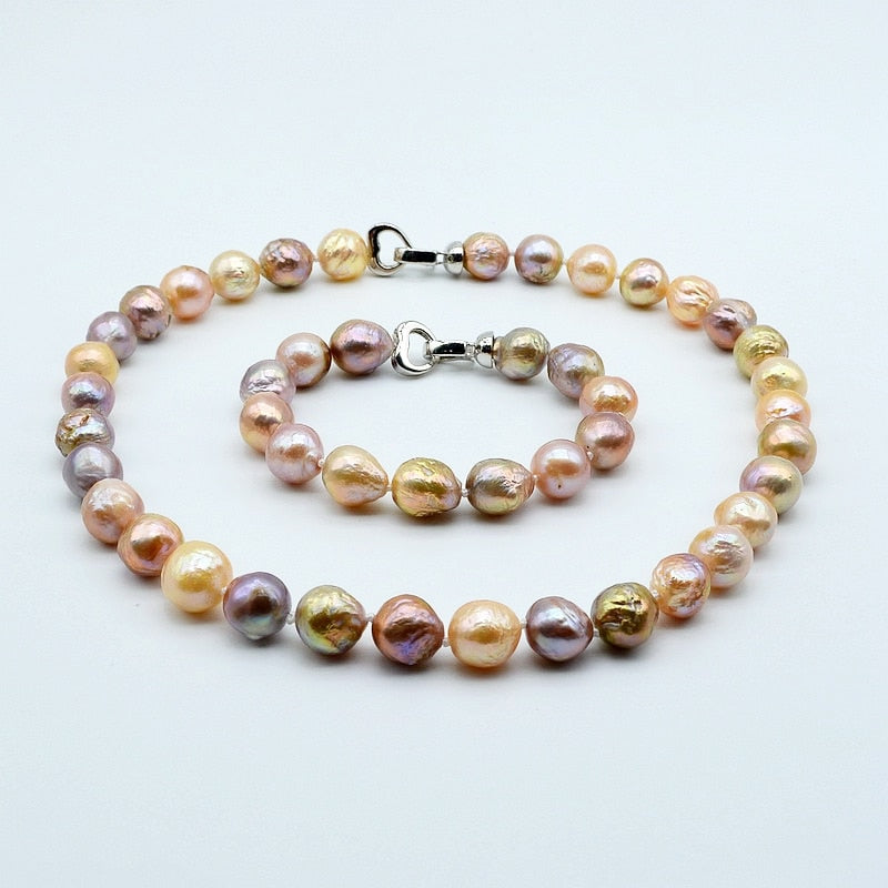 Rainbow pearl set, necklace bracelet, natural baroque pearl, heart buckle, diameter 11-12mm, natural freshwater pearl