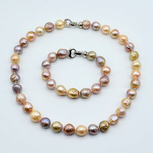 Rainbow pearl set, necklace bracelet, natural baroque pearl, heart buckle, diameter 11-12mm, natural freshwater pearl