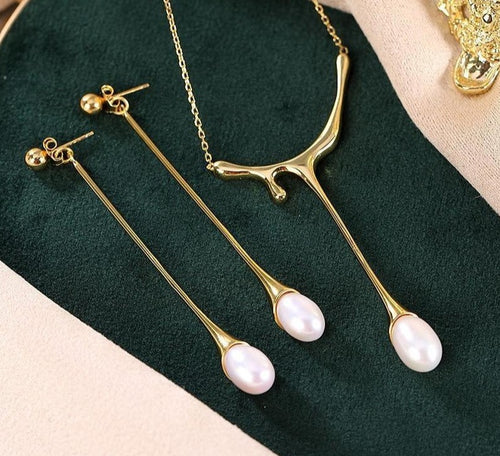 925 Sterling Silver Natural Pearl Gold-plated Jewelry Sets Pendant Necklace Stud Earring Water-drop Trendy Fine Jewelry Women