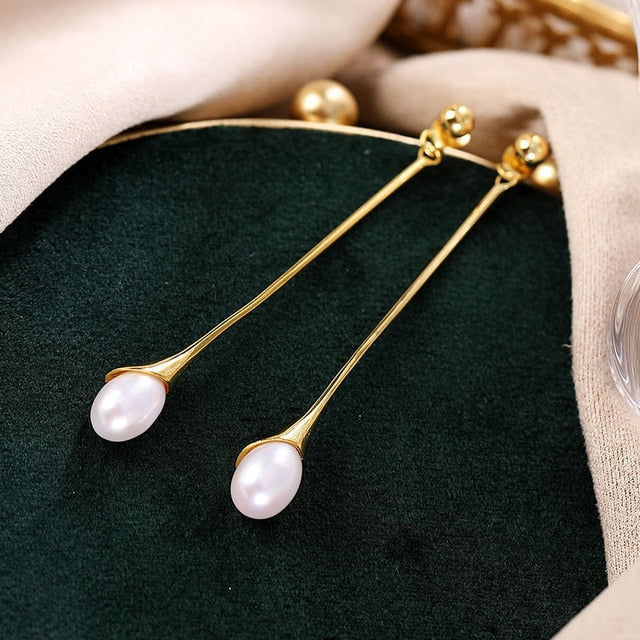 925 Sterling Silver Natural Pearl Gold-plated Jewelry Sets Pendant Necklace Stud Earring Water-drop Trendy Fine Jewelry Women