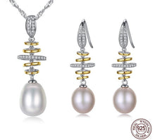 Load image into Gallery viewer, 100% Real Natural Pearl Jewelry Sets Silver 925 Zircon Drop Earring Pendant Necklace Women Pearl Wedding Jewelry Set