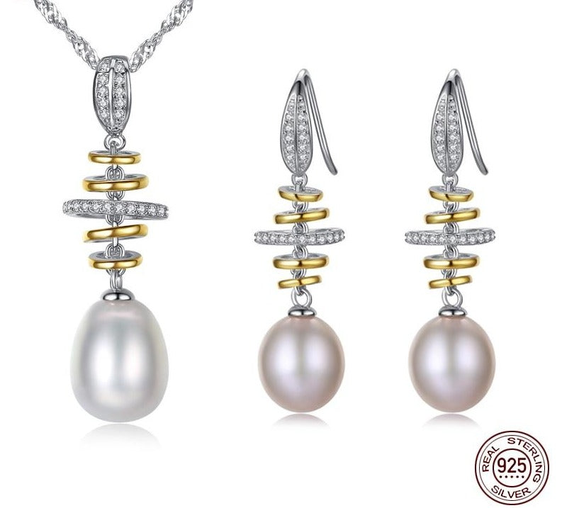 100% Real Natural Pearl Jewelry Sets Silver 925 Zircon Drop Earring Pendant Necklace Women Pearl Wedding Jewelry Set