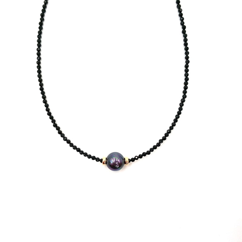 LiiJi Unique Choker Necklace Real Black Spinel Faceted Beads Tahitian Black Shell Pearl 925 Sterling Silver Gold Color Gift