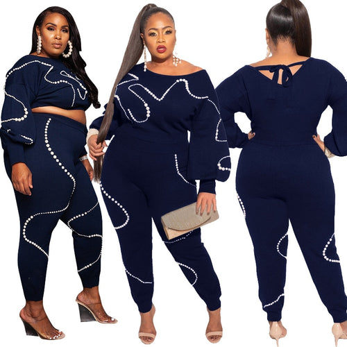 2 Piece Sets Womens Outfits Long Sleeve Crop Top Femme Knitted Set with Pearls Plus Size Sweat Suits Bulk Items Wholesale Lots