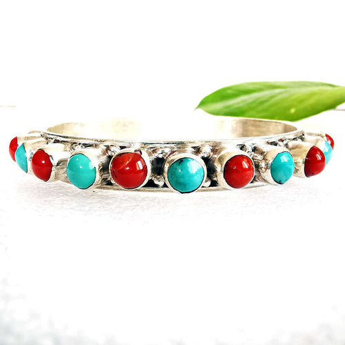 Nepal Silver Jewelry 925 Sterling Silver Inlaid Turquoise Coral Beads Open Cuff Bangle for Girl T9188