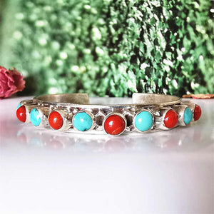 Nepal Silver Jewelry 925 Sterling Silver Inlaid Turquoise Coral Beads Open Cuff Bangle for Girl T9188