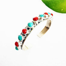 Load image into Gallery viewer, Nepal Silver Jewelry 925 Sterling Silver Inlaid Turquoise Coral Beads Open Cuff Bangle for Girl T9188