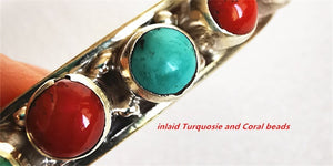 Nepal Silver Jewelry 925 Sterling Silver Inlaid Turquoise Coral Beads Open Cuff Bangle for Girl T9188