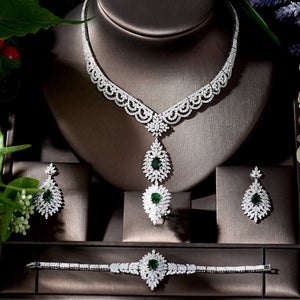 HIBRIDE Fashion Sparkling Finding 4pcs Earring Necklace Sets Bijoux Green Color Set For Women Zircon Wedding Jewelry Sets N-1343