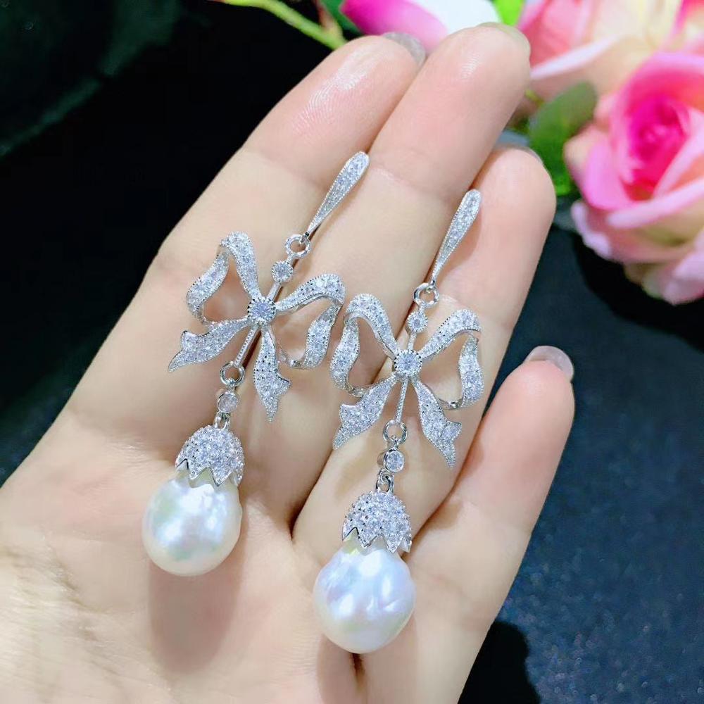 baroque natural fresh water pearl drop earring 925 sterling silver with cubic zircon bowknot earring fine women jewelry long