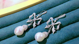 baroque natural fresh water pearl drop earring 925 sterling silver with cubic zircon bowknot earring fine women jewelry long