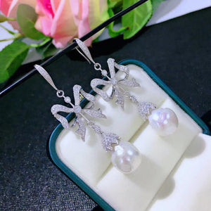 baroque natural fresh water pearl drop earring 925 sterling silver with cubic zircon bowknot earring fine women jewelry long