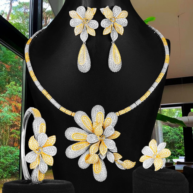 GODKI Luxury 4PCS Flowers Nigerian Jewelry Set For Women Wedding Engagement Party Cubic Zircon Dubai Bridal jewelry Set 2020