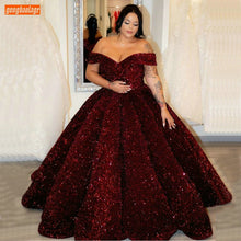 Load image into Gallery viewer, Sparkly Burgundy Evening Dress Long 2021 robe de mariee Off Shoulder Sequins Lace Up Ball Gown Formal Dresses Reflective Pageant