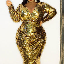 Load image into Gallery viewer, Plus Size Luxury Golden Sequins Dress Women V-Neck Long Sleeve Sexy Club Dresses Party Night Club 2021 Vestidos Cocktai Dress