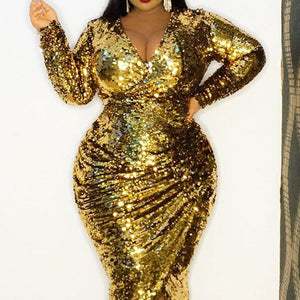 Plus Size Luxury Golden Sequins Dress Women V-Neck Long Sleeve Sexy Club Dresses Party Night Club 2021 Vestidos Cocktai Dress