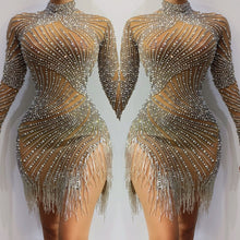 Load image into Gallery viewer, women sexy costume sparkly diamond Pearl dress dance nude Fringe long sleeve Tightshort dress customes