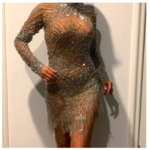 Load image into Gallery viewer, women sexy costume sparkly diamond Pearl dress dance nude Fringe long sleeve Tightshort dress customes