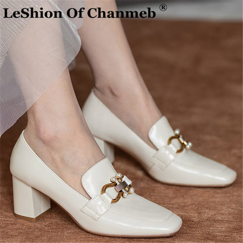 Top Quality Genuine Leather Pumps Lady Metal Chain Pearls Wedding Party Bridal Shoes Square Toe High Heels Red Handmade Pumps 33