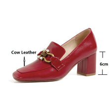 Load image into Gallery viewer, Top Quality Genuine Leather Pumps Lady Metal Chain Pearls Wedding Party Bridal Shoes Square Toe High Heels Red Handmade Pumps 33