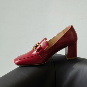 Top Quality Genuine Leather Pumps Lady Metal Chain Pearls Wedding Party Bridal Shoes Square Toe High Heels Red Handmade Pumps 33
