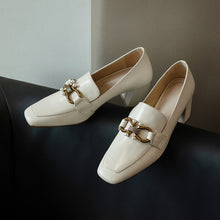 Load image into Gallery viewer, Top Quality Genuine Leather Pumps Lady Metal Chain Pearls Wedding Party Bridal Shoes Square Toe High Heels Red Handmade Pumps 33