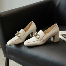 Load image into Gallery viewer, Top Quality Genuine Leather Pumps Lady Metal Chain Pearls Wedding Party Bridal Shoes Square Toe High Heels Red Handmade Pumps 33