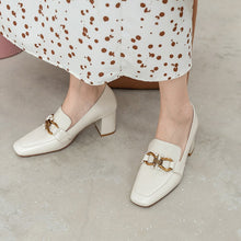 Load image into Gallery viewer, Top Quality Genuine Leather Pumps Lady Metal Chain Pearls Wedding Party Bridal Shoes Square Toe High Heels Red Handmade Pumps 33