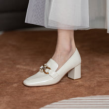 Load image into Gallery viewer, Top Quality Genuine Leather Pumps Lady Metal Chain Pearls Wedding Party Bridal Shoes Square Toe High Heels Red Handmade Pumps 33