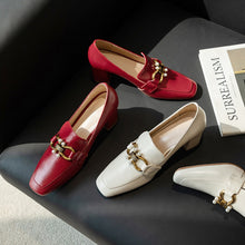 Load image into Gallery viewer, Top Quality Genuine Leather Pumps Lady Metal Chain Pearls Wedding Party Bridal Shoes Square Toe High Heels Red Handmade Pumps 33
