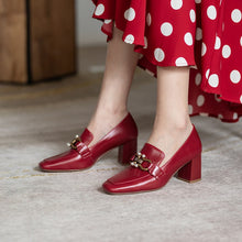 Load image into Gallery viewer, Top Quality Genuine Leather Pumps Lady Metal Chain Pearls Wedding Party Bridal Shoes Square Toe High Heels Red Handmade Pumps 33