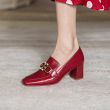 Load image into Gallery viewer, Top Quality Genuine Leather Pumps Lady Metal Chain Pearls Wedding Party Bridal Shoes Square Toe High Heels Red Handmade Pumps 33