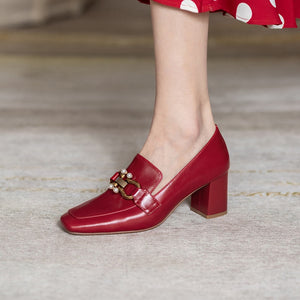Top Quality Genuine Leather Pumps Lady Metal Chain Pearls Wedding Party Bridal Shoes Square Toe High Heels Red Handmade Pumps 33