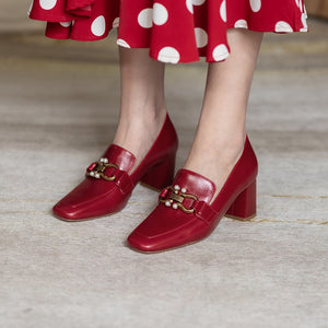 Top Quality Genuine Leather Pumps Lady Metal Chain Pearls Wedding Party Bridal Shoes Square Toe High Heels Red Handmade Pumps 33