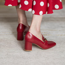 Load image into Gallery viewer, Top Quality Genuine Leather Pumps Lady Metal Chain Pearls Wedding Party Bridal Shoes Square Toe High Heels Red Handmade Pumps 33