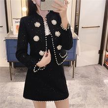 Load image into Gallery viewer, Women&#39;s Two Piece Set 2021 Autumn Winter Clothes Elegant Black Crop Top Pearl Beaded Tweed Jacket and Mini Skirt Suit Set